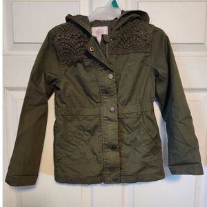 SO Girls Army Green Hooded Jacket with Lace Accents Size 6 6X Lightweight Coat